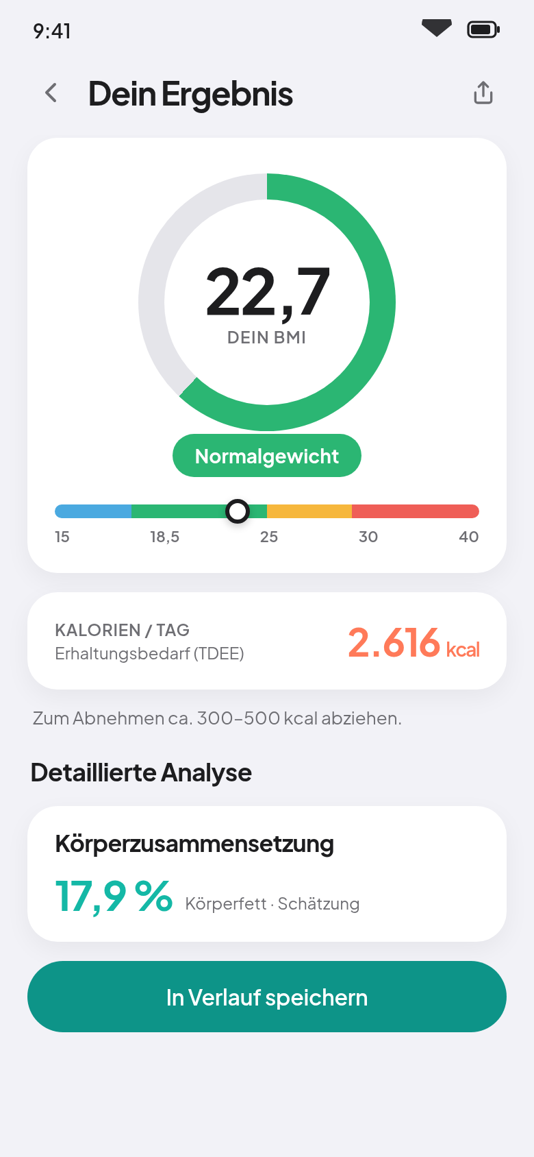 Ergebnis-Bildschirm mit BMI 22,7, Einordnung „Normalgewicht“, Skala von 15 bis 40 und Kalorienbedarf pro Tag