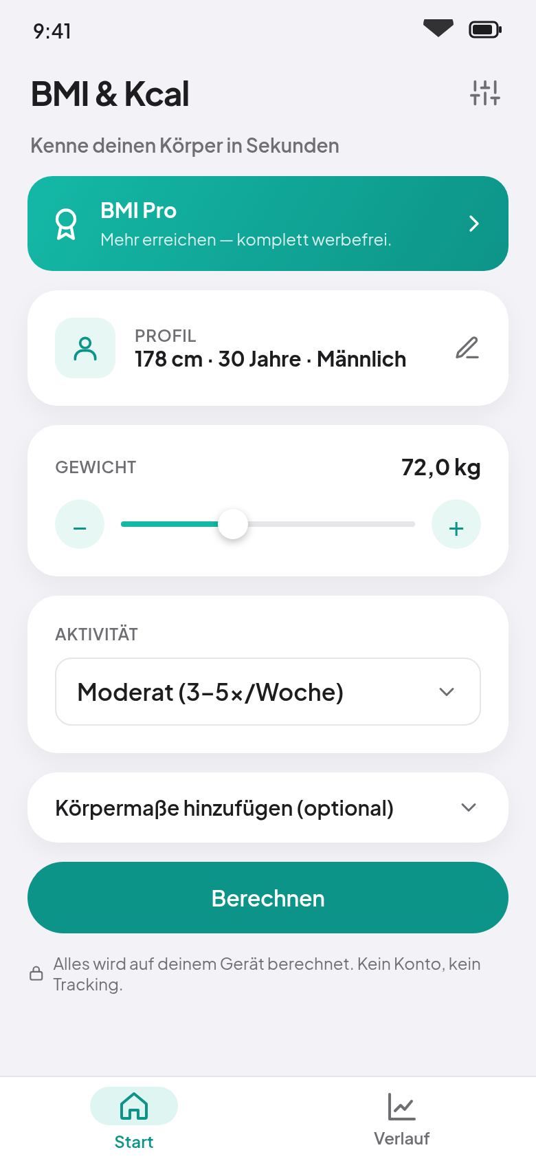 Startbildschirm mit Profil, Gewichtsregler, Aktivitätsauswahl und Knopf „Berechnen“